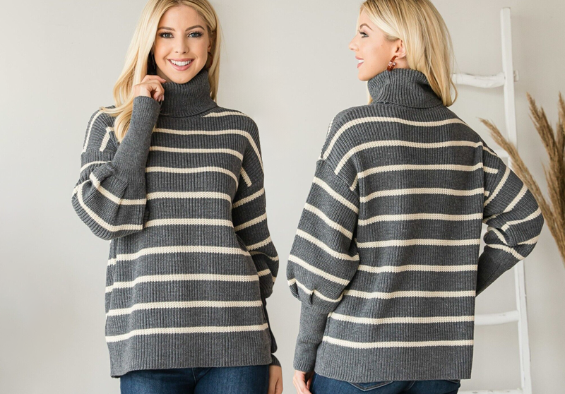 Fashion Women’s Heavy Knit Striped Sweater Turtle Black White Knit Comfy Top